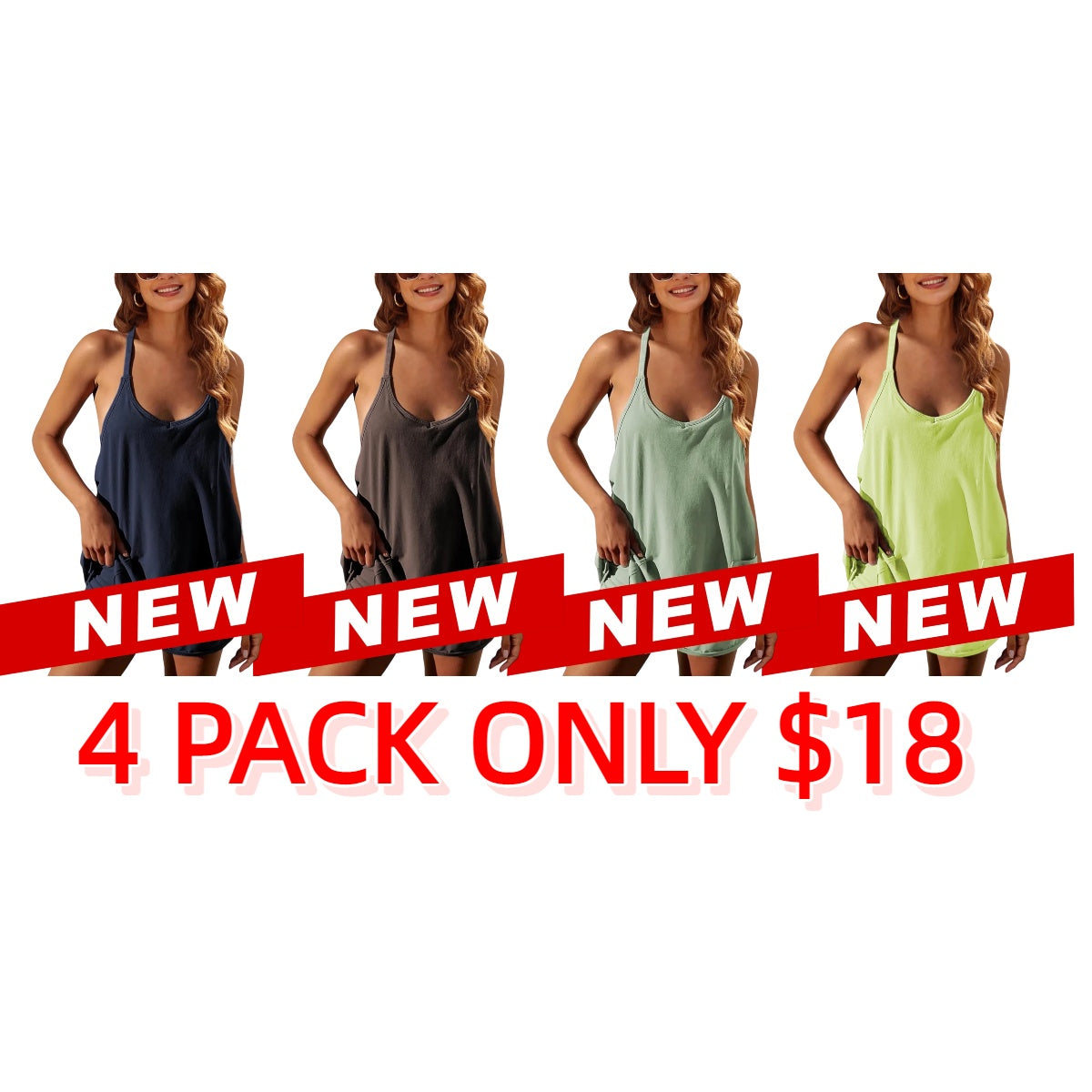 Women's Athletic Sleeveless Mini Dress with Built-in Shorts Summer V Neck Spaghetti Strap Short