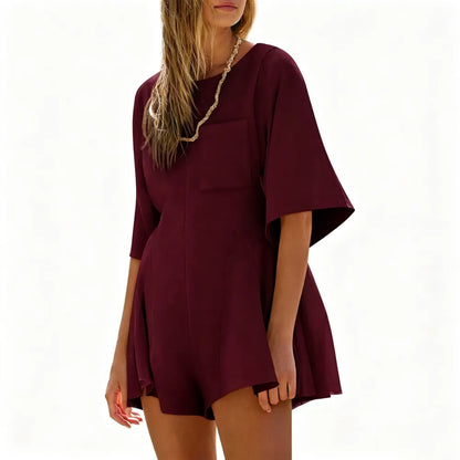 Short Sleeve Crew Neck Loose Jumpsuits with Pocket