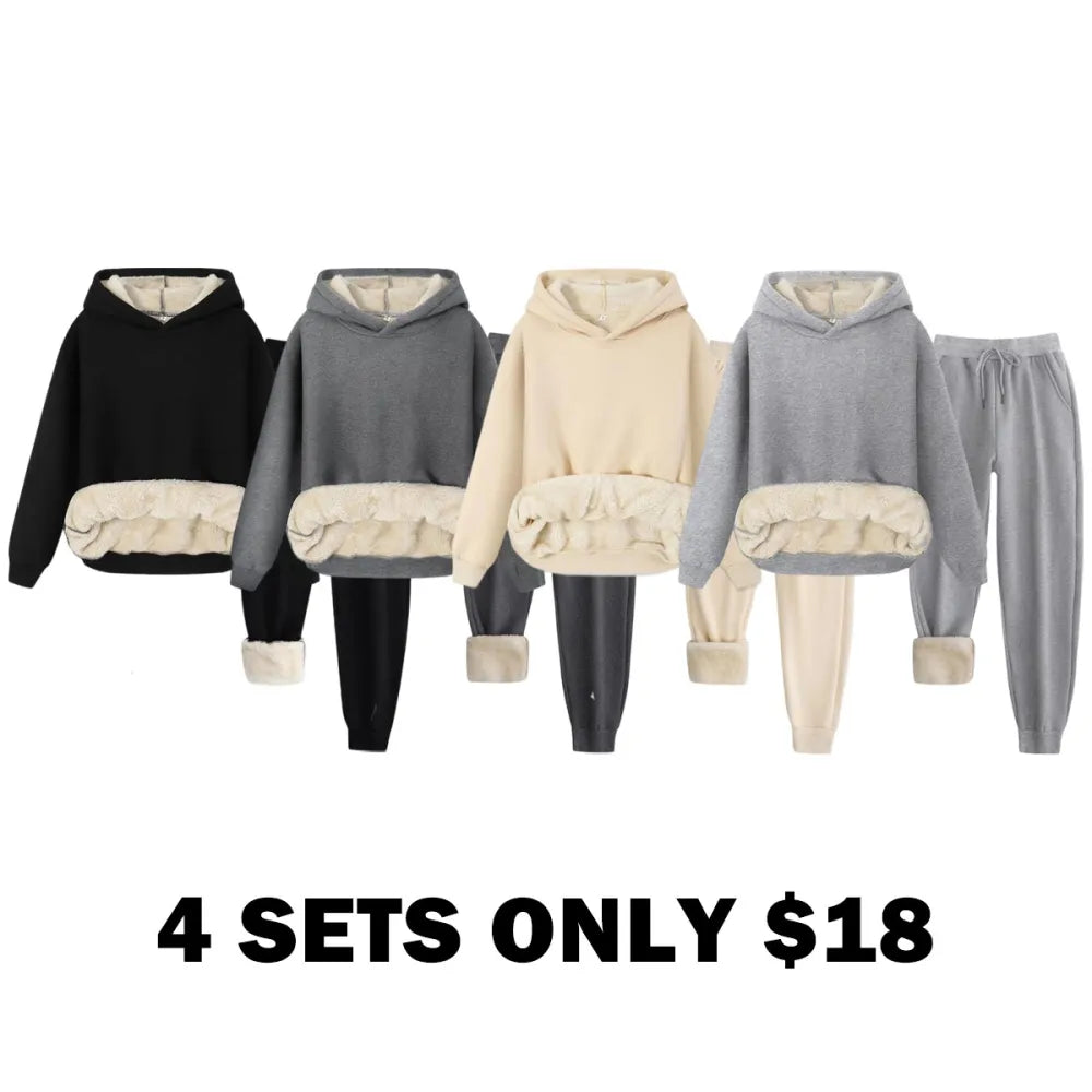 Women's Thermal Lined Solid Color Hoodie & Drawstring Waist Pants Two-piece Set