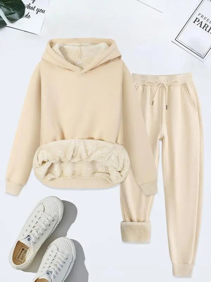 Women's Thermal Lined Solid Color Hoodie & Drawstring Waist Pants Two-piece Set