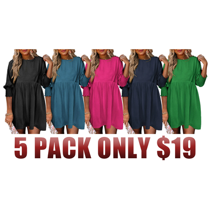 Women's Black Crew Neck Short Sleeve Flowy Swing Mini Tunic Dress
