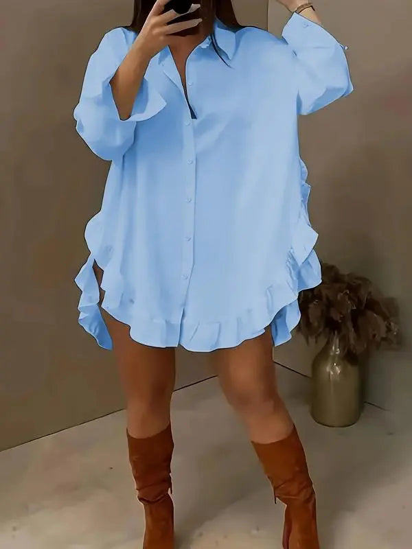 Women's Plain Ruffle Trim Button Front Blouse