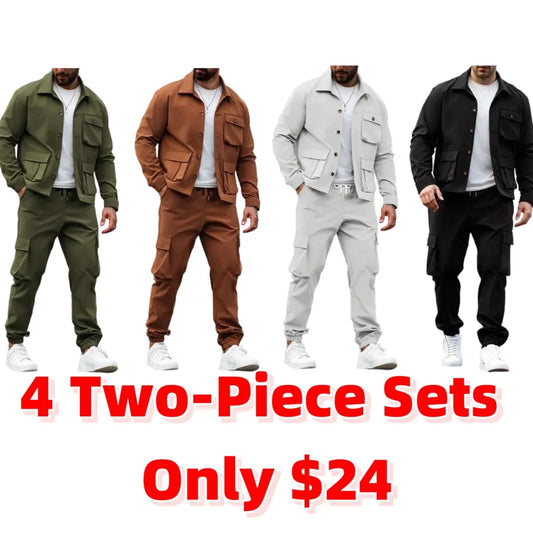 Men's Solid Color Pocket Button Front Shirt & Pants Two-Piece Set