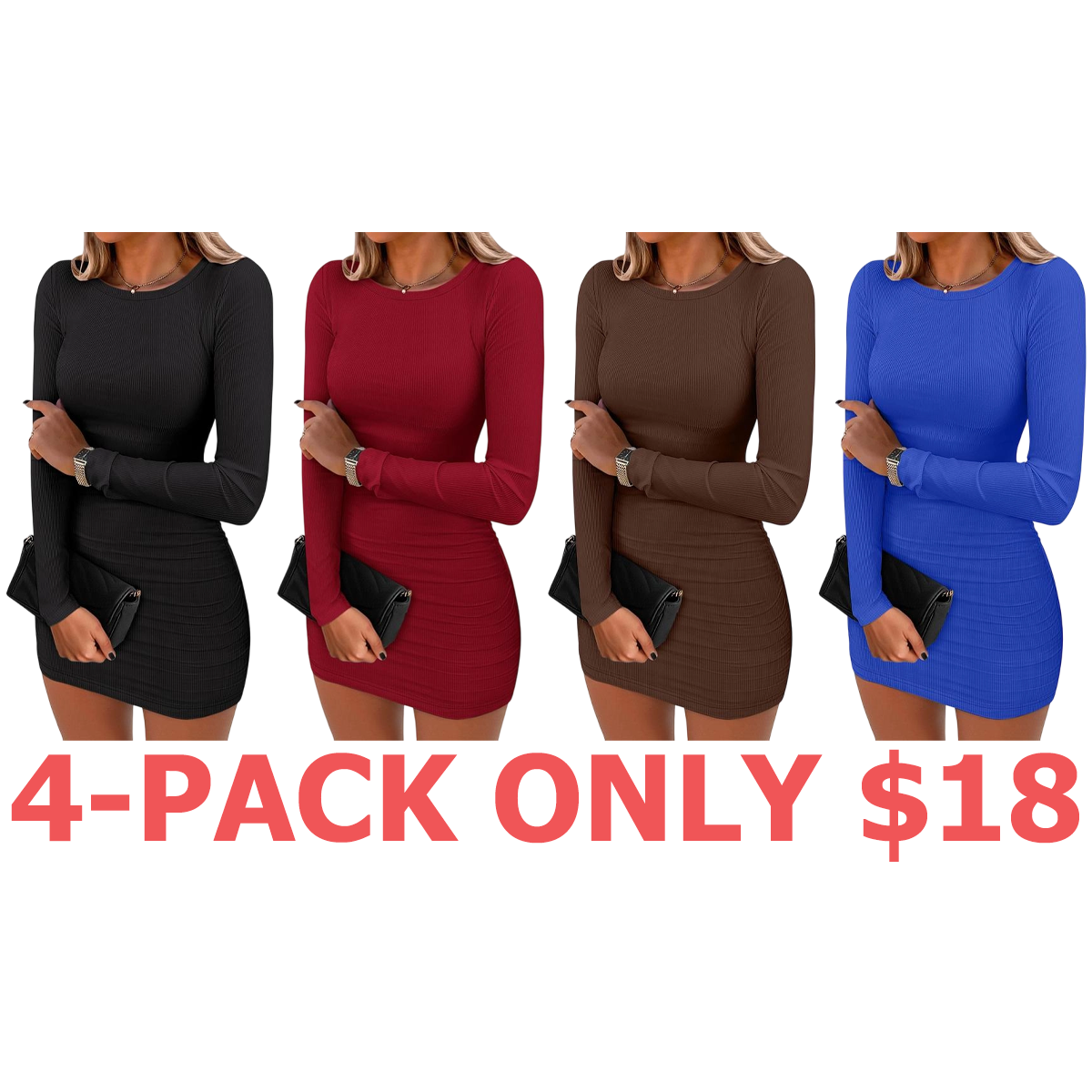 Women Long Sleeve Bodycon Mini Dress Sexy Crewneck 2025 Fall Ribbed Knit Slim Fit Party Cocktail Night Short Dresses