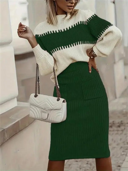 Women's Colorblock Bishop Sleeve Mock Neck Sweater & High Waist Skirt Set