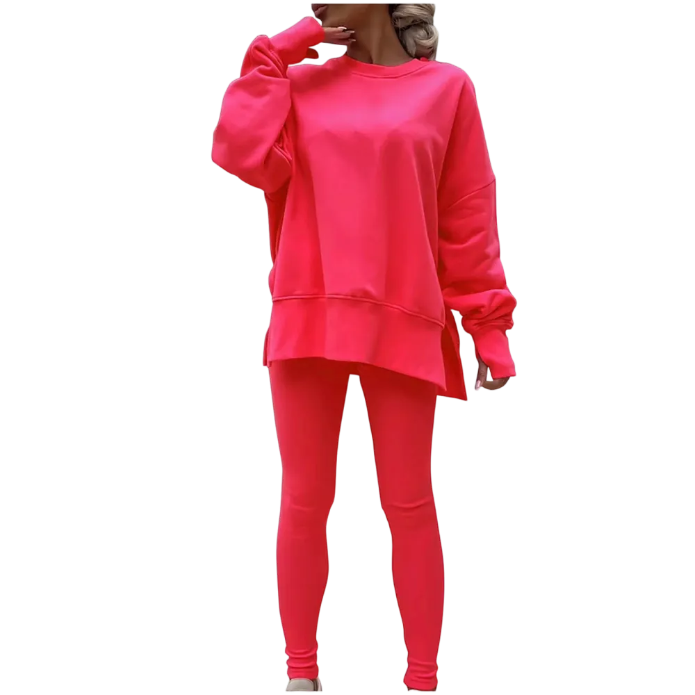 Women's Fashionable Solid Color Casual Long Sleeved Round Neck Hoodie Top Stripe Pants Set