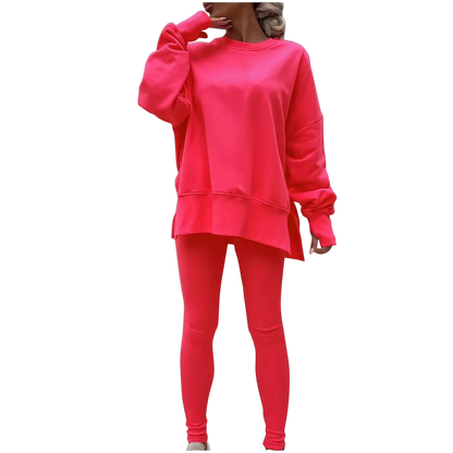Women's Fashionable Solid Color Casual Long Sleeved Round Neck Hoodie Top Stripe Pants Set