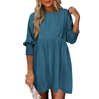 Women's Black Crew Neck Short Sleeve Flowy Swing Mini Tunic Dress
