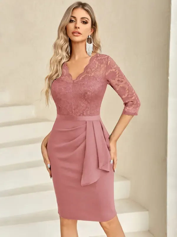Retro V-Neck Floral Lace Ruffle Cocktail