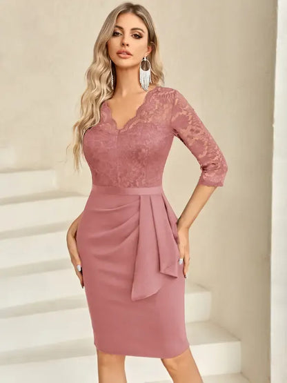 Retro V-Neck Floral Lace Ruffle Cocktail