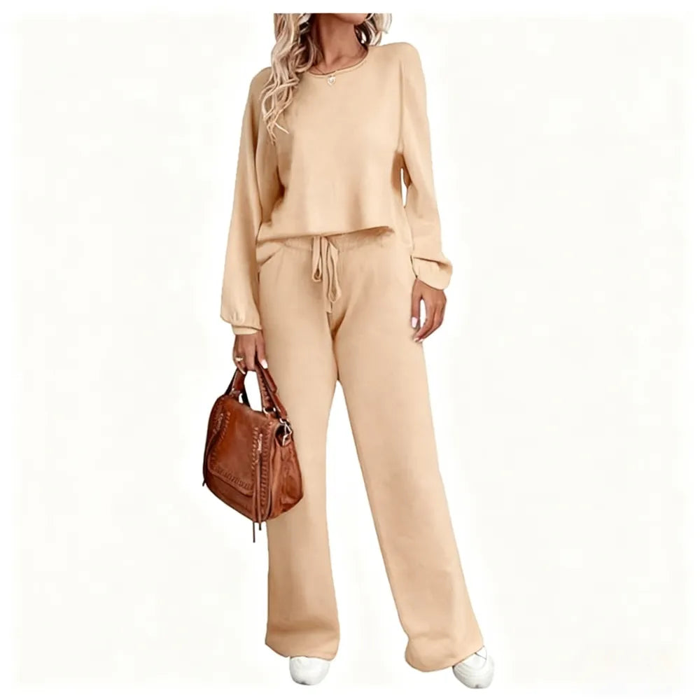 Womens Fall Winter Casual Solid Knitted 2 Piece Sets Long Sleeve Hoodie