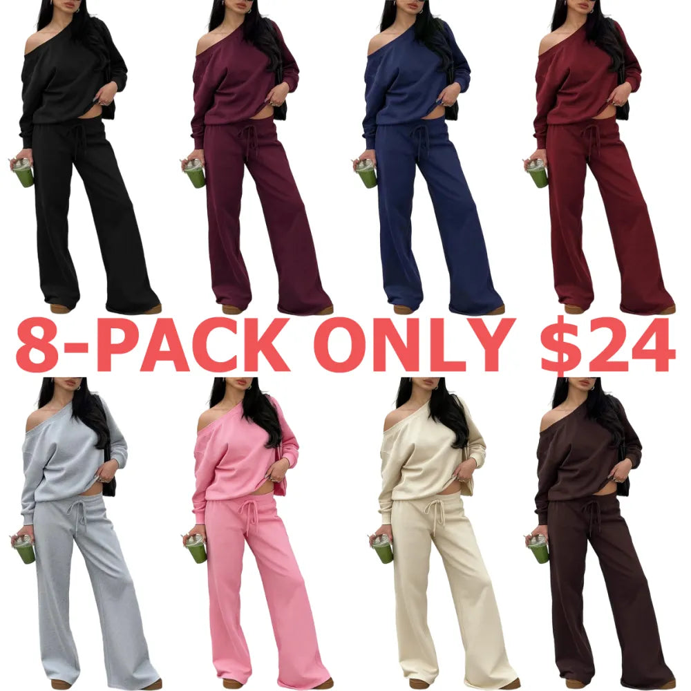 Women Off the Shoulder Long Sleeve Jumper & Pants 2 Piece Set Casual Fall Sweatsuit Outfits Jumper Suit