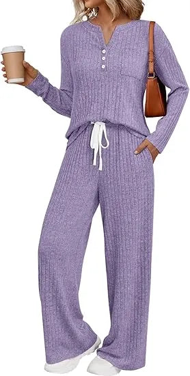 Womens 2 Piece Lounge Sets Fall Outfits Henley Neck Sweater 2025 Matching Sweat Suits Comfy Pajamas Clothes Pockets