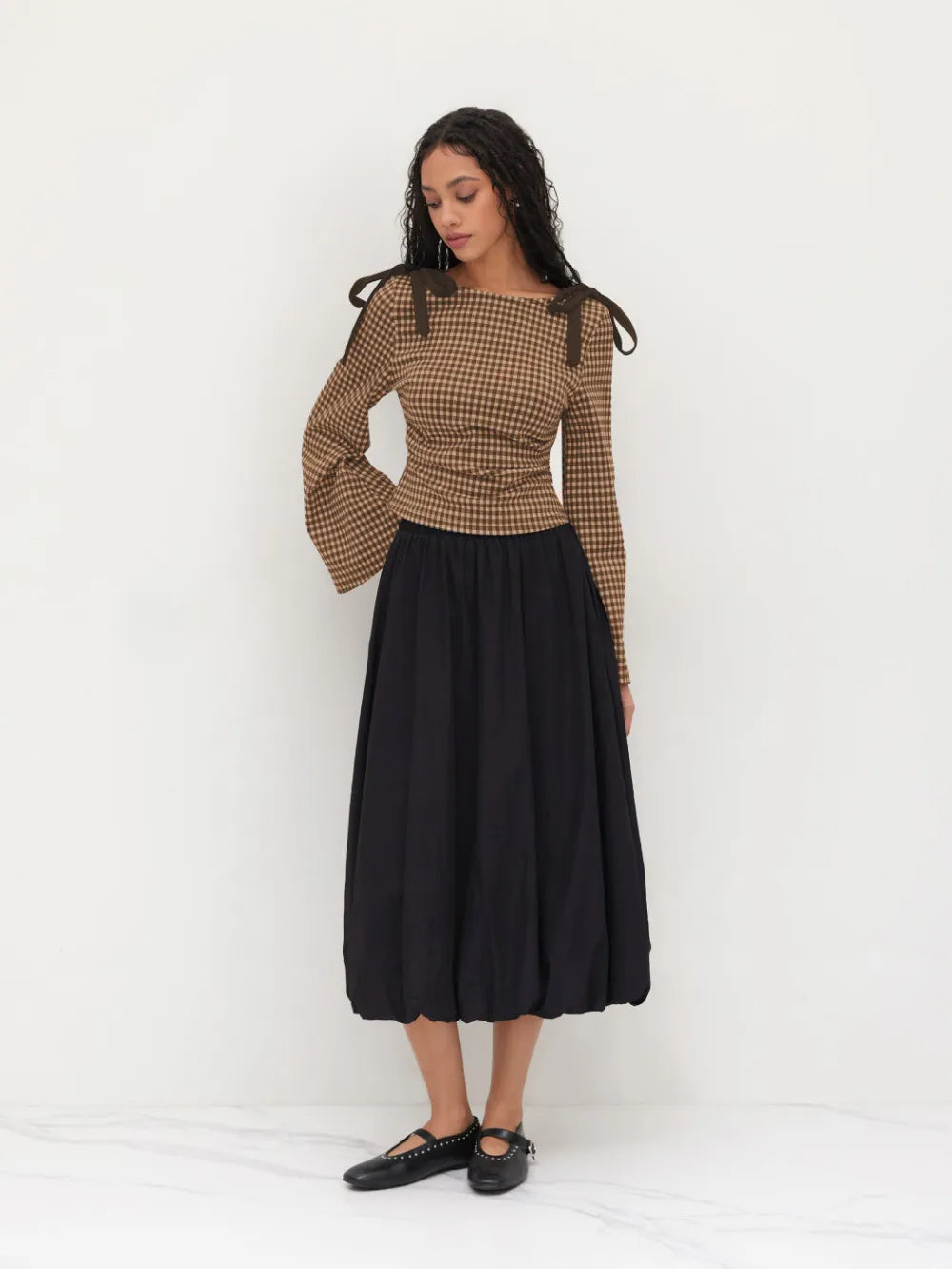 Boat Neck Gingham Bowknot Ruched Long Sleeve Top