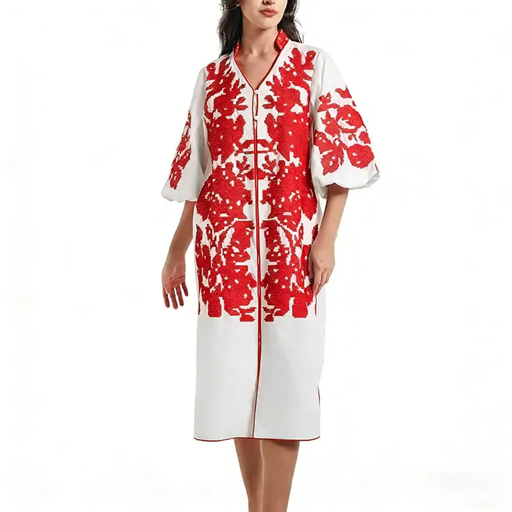Women Casual V-Neck Mid Dress Floral Embroidery 3/4 Sleeves