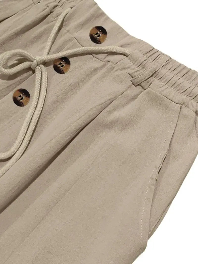 Men's Solid Button Design Linen Pants