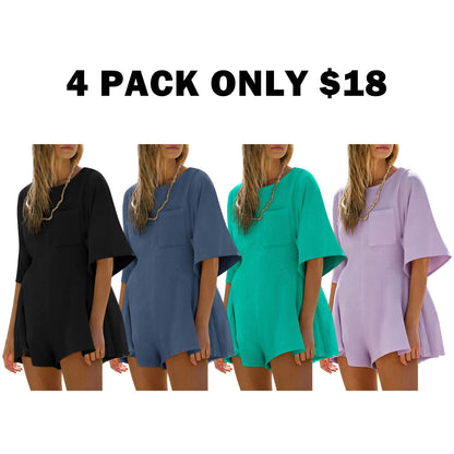 Short Sleeve Crew Neck Loose Jumpsuits with Pocket