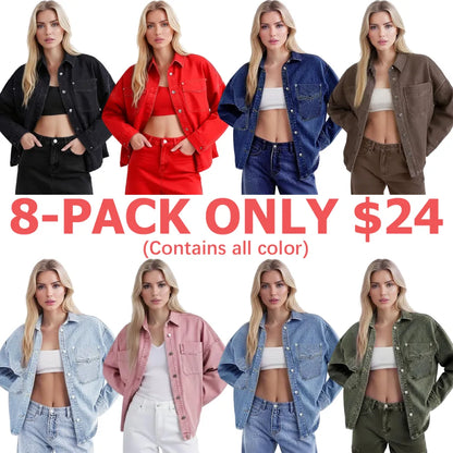Women's Plain Button Front Drop Shoulder Curved Hem Denim Jacket
