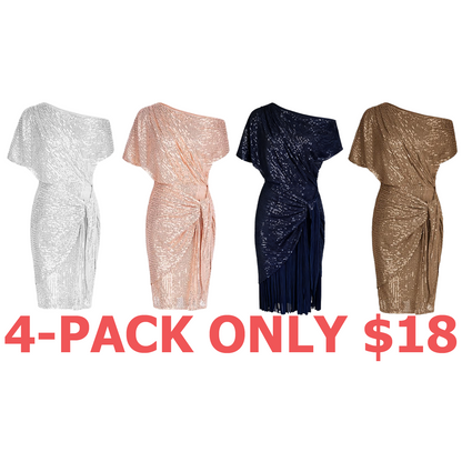 Women Sequined Party Dress Short Sleeve Asymmetric Off Shoulder Bodycon Dress