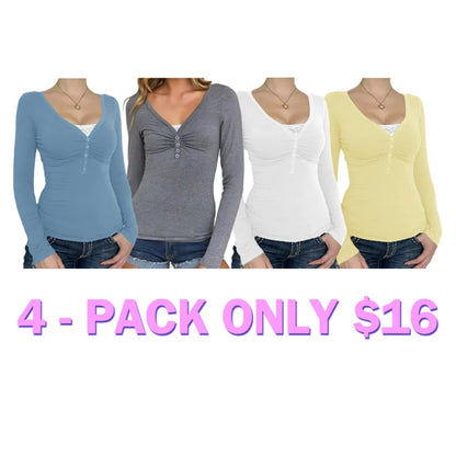 Women's Contrast Lace Button V Neck Tee