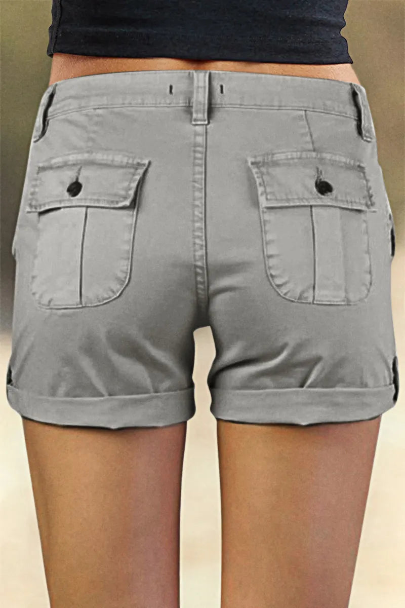 Flap Pocket Roll Tab Hem Mid Waist Shorts