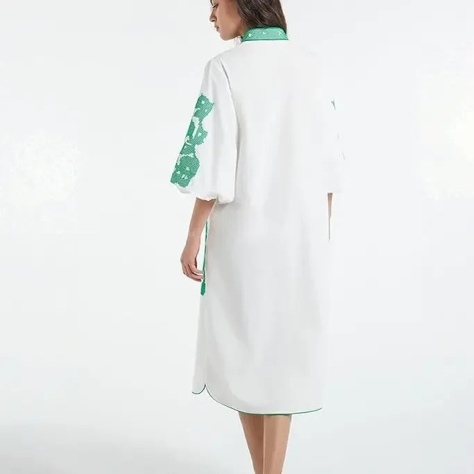 Women Casual V-Neck Mid Dress Floral Embroidery 3/4 Sleeves