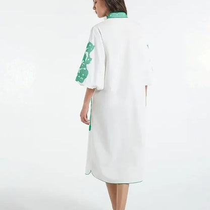 Women Casual V-Neck Mid Dress Floral Embroidery 3/4 Sleeves