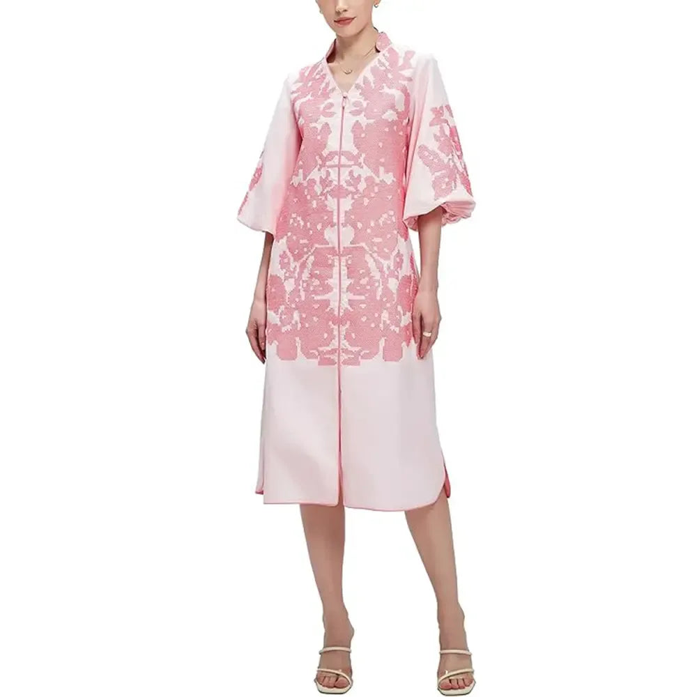 Women Casual V-Neck Mid Dress Floral Embroidery 3/4 Sleeves
