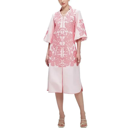 Women Casual V-Neck Mid Dress Floral Embroidery 3/4 Sleeves