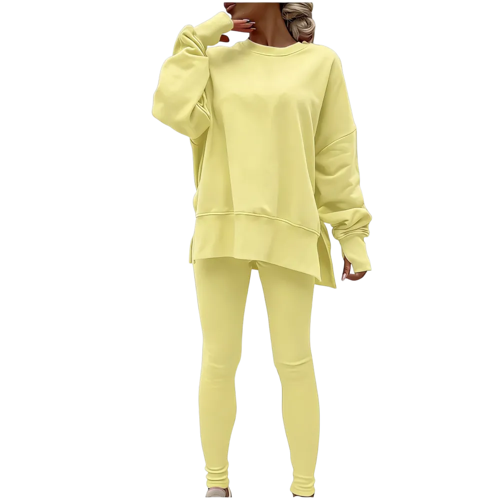 Women's Fashionable Solid Color Casual Long Sleeved Round Neck Hoodie Top Stripe Pants Set