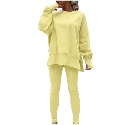 Women's Fashionable Solid Color Casual Long Sleeved Round Neck Hoodie Top Stripe Pants Set