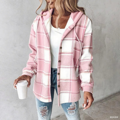 Women's Plaid Pattern Long Sleeve Shacket Button Down Fleece Lined Hooded Jackets Warm Coat Casual Womenswear Comfort Outdoor Soft