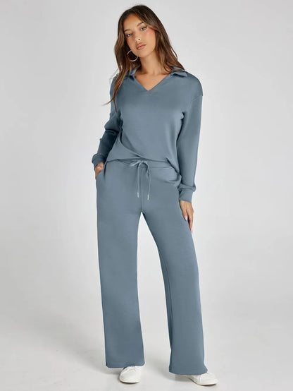 Women's 2 Piece Sets Outfits Casual Long Sleeve Sweatsuits Polo Top and Wide Leg Pants Matching Sets