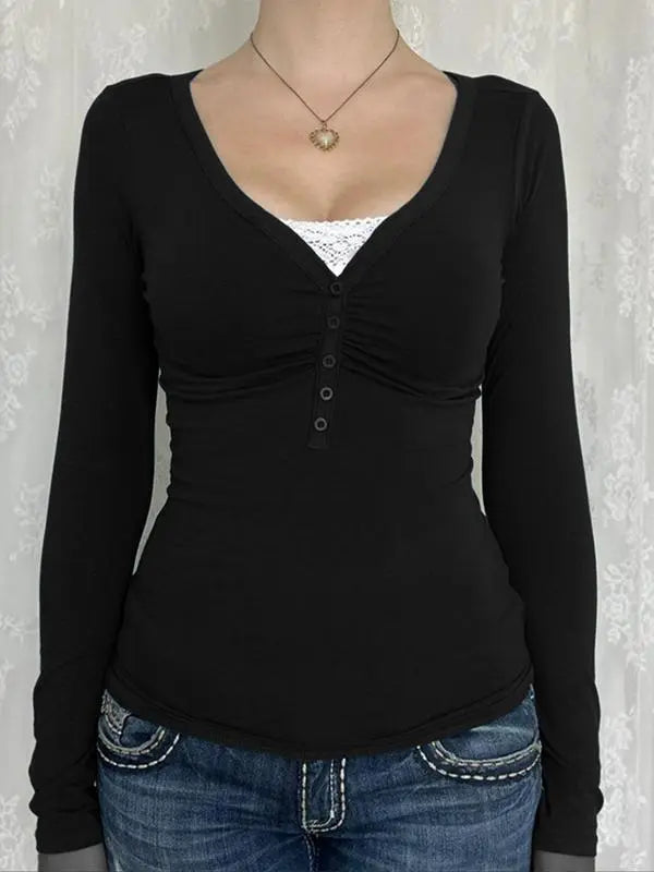 Women's Contrast Lace Button V Neck Tee