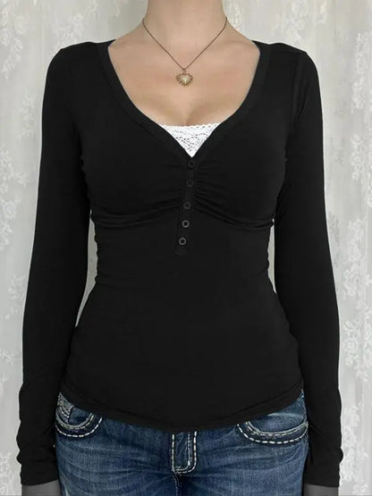 Women's Contrast Lace Button V Neck Tee