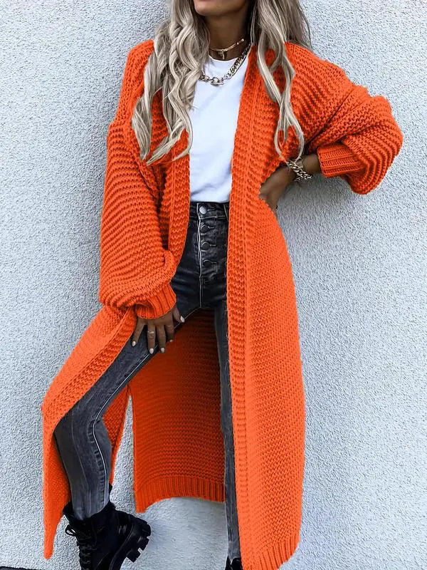 Women's Solid Split Hem Bishop Sleeve Open Front Longline Cardigan, Knit Clothing for Daily Wear, Womenswear