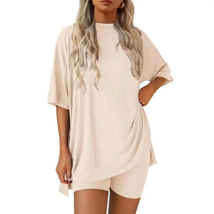 Women's Summer Two-Piece Set 2025 Casual Oversized Crewneck Split Hem Shirts & Side Pocket Biker Shorts Minimalist Lounge Wear Soft Viscose Fabric Comfy Homewear Cozy Pjs