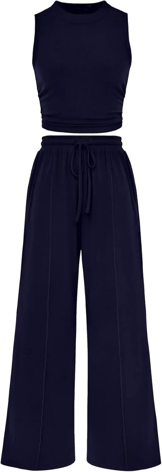 Women Summer 2 Piece Outfits Ribbed Knit Cropped Top Elastic Waist Wide Leg Pants Lounge Set