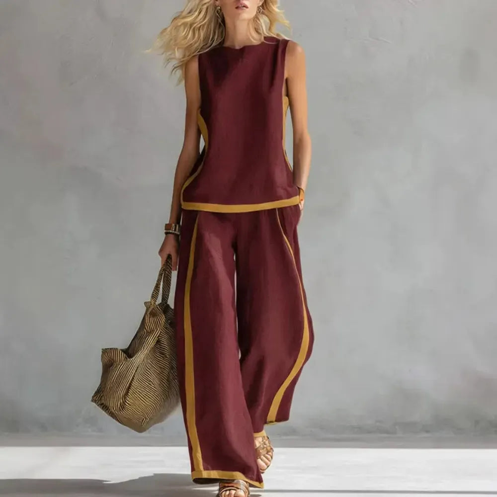 Linen Blend Women Sleeveless Color Block Top Wide Leg Pants Set