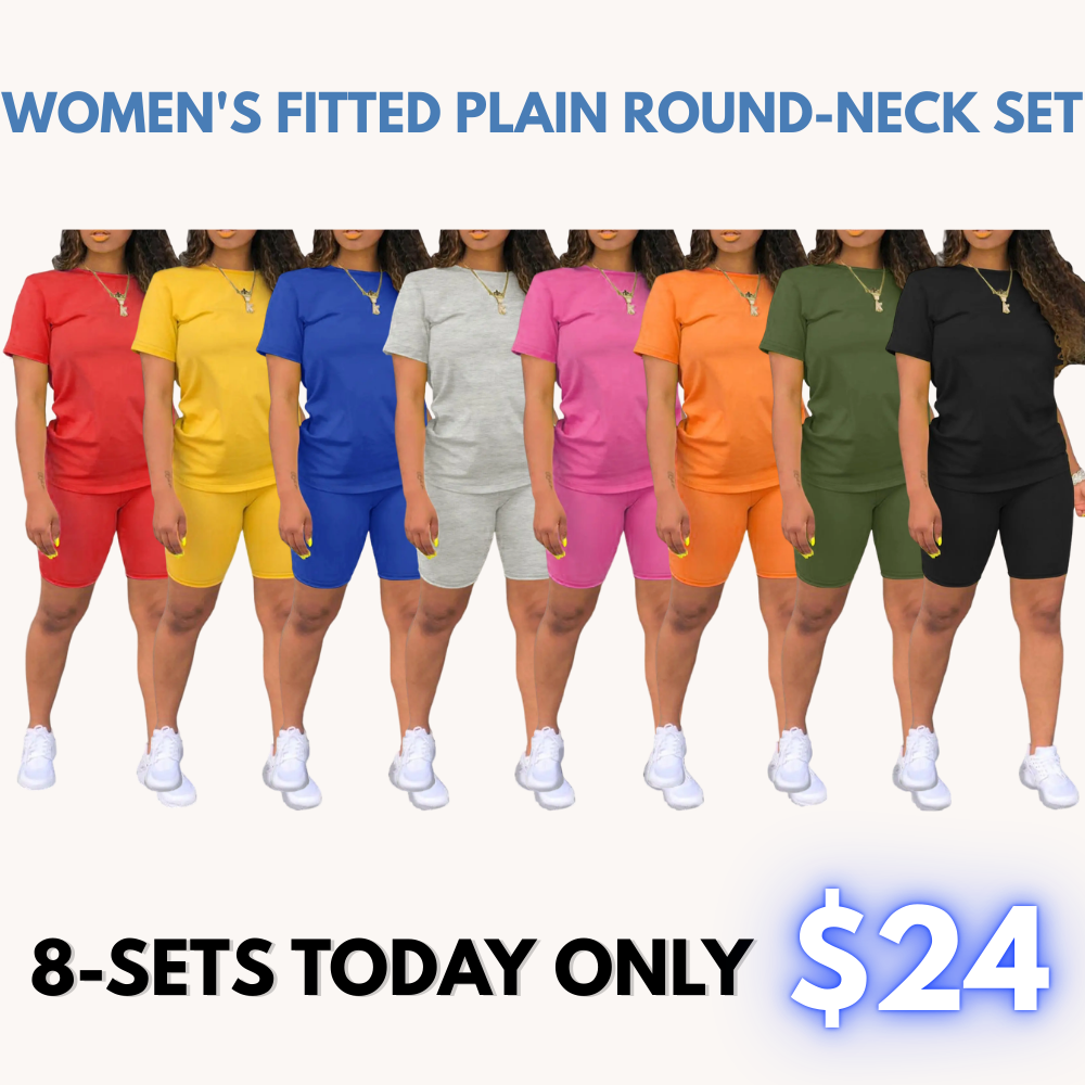 Women's 2-Piece Plain Set: Fitted Crew Neck Tee & Skinny Shorts, Casual Summer Outdoor Outfit