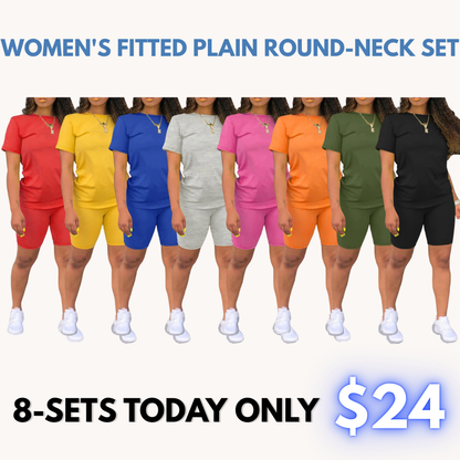 Women's 2-Piece Plain Set: Fitted Crew Neck Tee & Skinny Shorts, Casual Summer Outdoor Outfit