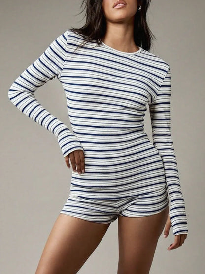 Women's Striped Knit Casual Long Sleeve Top & High Waist Elastic Sporty Shorts Set