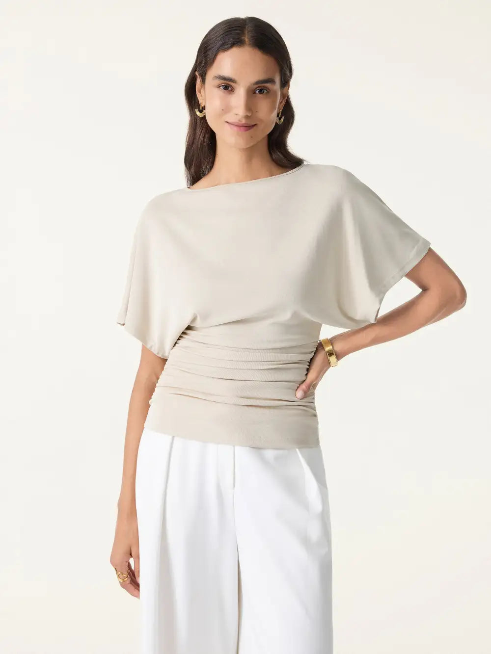 Effortless Boatneck Batwing Sleeve Side Ruched Top