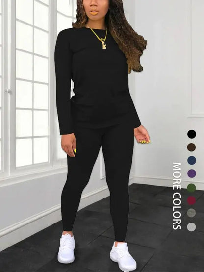 Women's Minimalist Chic Solid Long Sleeve & Elastic Waist Pants Set