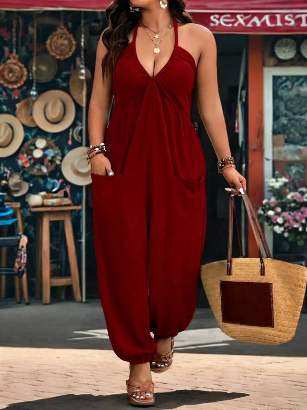 【Plus Size】 Solid Color Pocket Jumpsuit