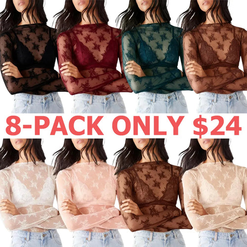 Women's Lace Blouse, Mesh Long-Sleeve Floral Lace Shirt
