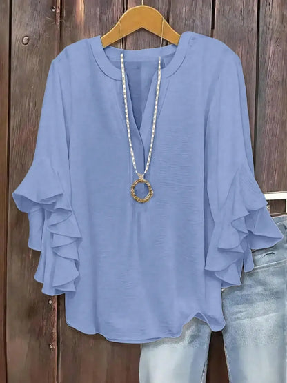Plus Size Women's Ruffle Sleeve Notched-Neck Fitted Blouse
