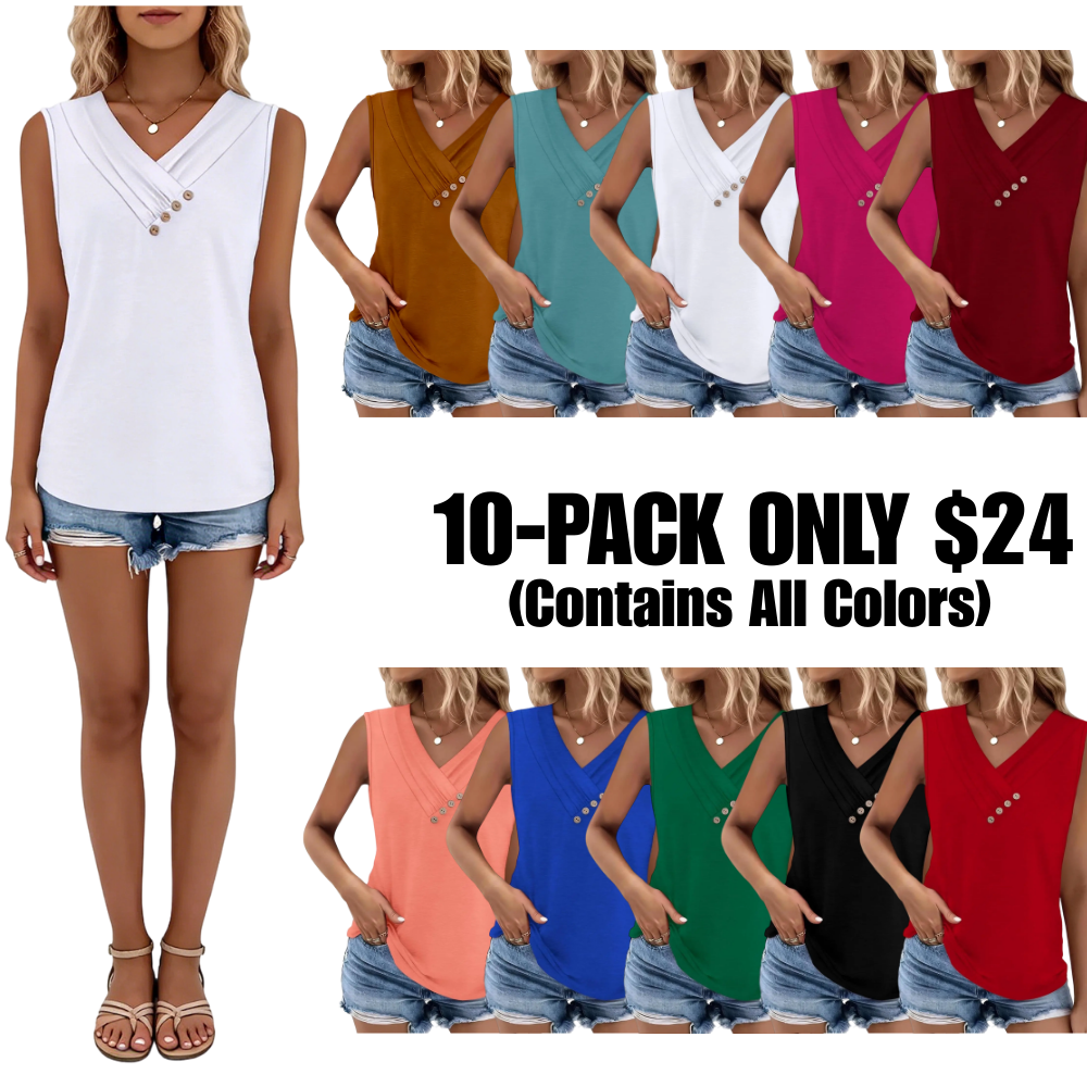 Women Summer Button Down V Neck T Shirts Sleeveless Loose Fit Fashion Tops